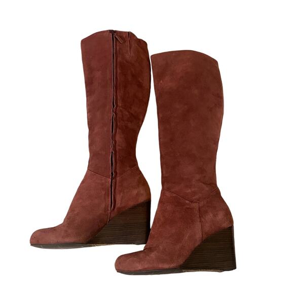 Cole Haan Suede Burgundy Side Zipper Calf Wedge Boot Women Sz 5 - Picture 3 of 12